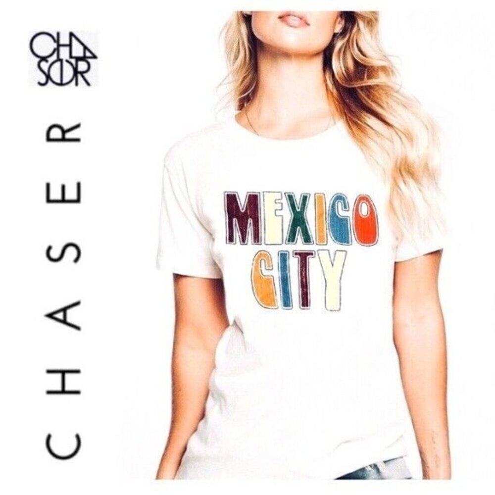 NWT Chaser White Cotton Blend MEXICO CITY Retro Print T-Shirt Size Medium